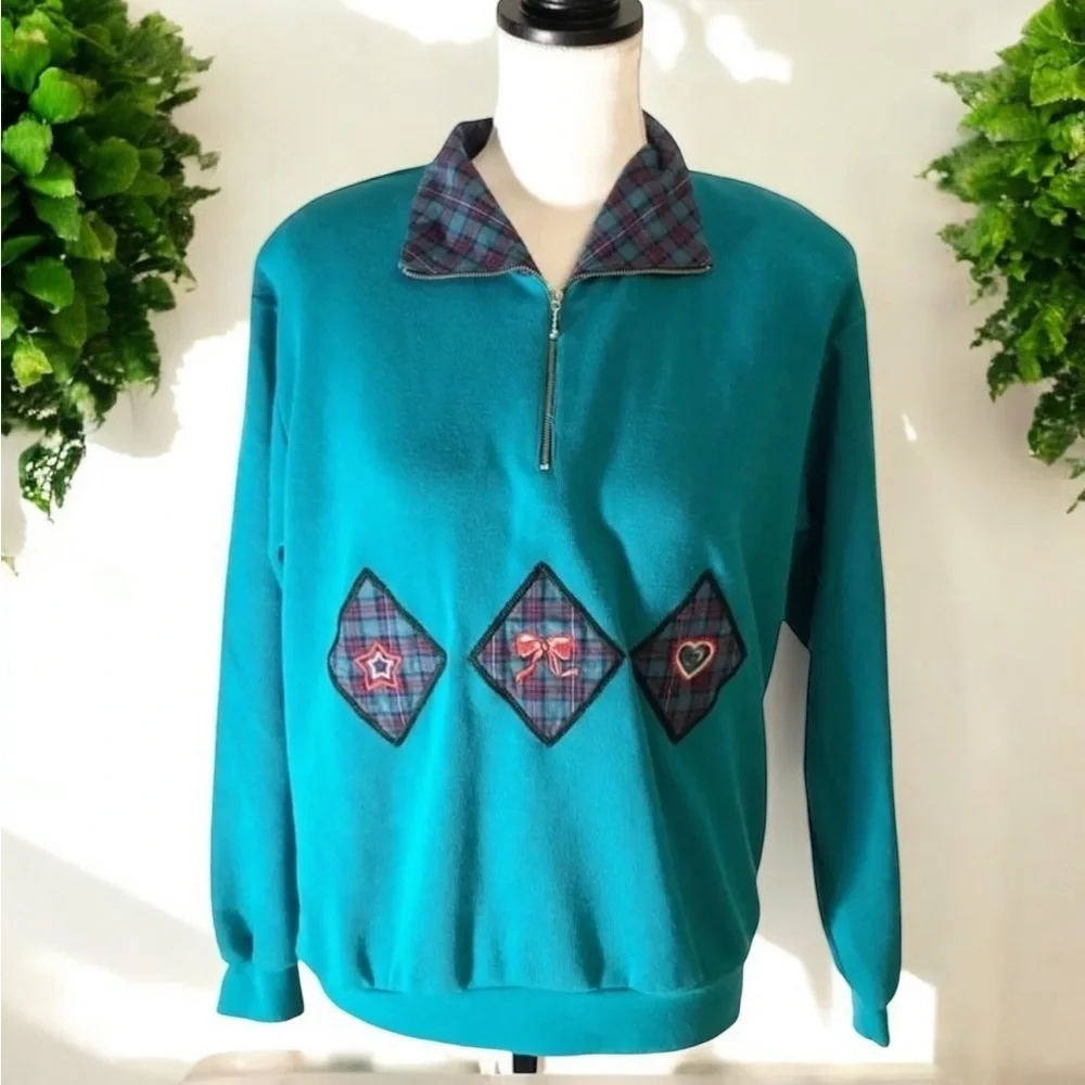 KORET SPORT Vintage Turquoise Pullover Funnel Neck Zip Plaid Patchwork Sweater